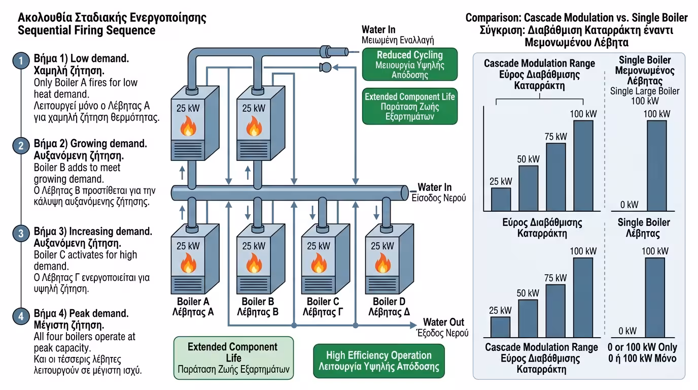 Συστοιχία Cascade - 4 λέβητες 25kW, βηματική λειτουργία