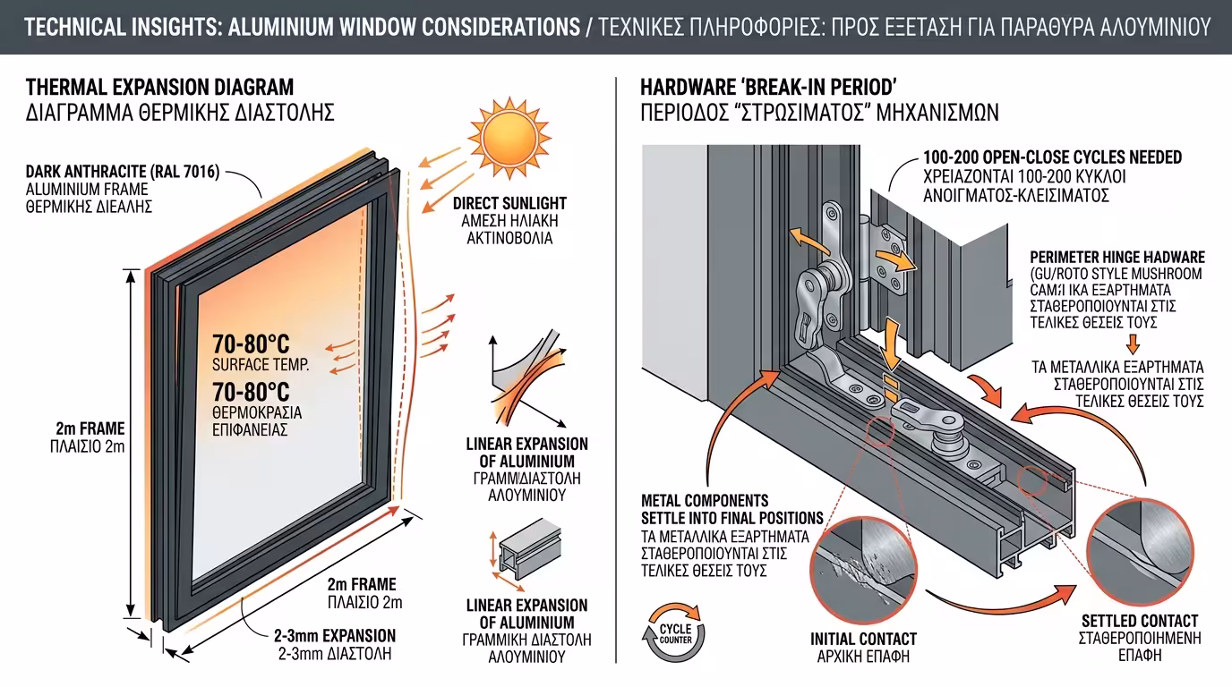 Θερμικό σοκ - σκούρο αλουμίνιο διαστέλλεται, μεντεσέδες break-in period
