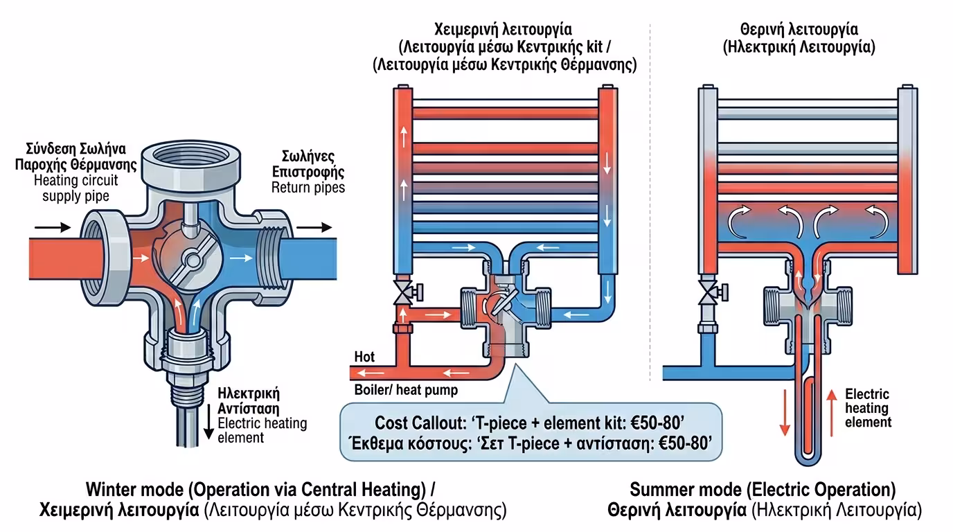 Ταφ μικτής λειτουργίας σε σχήμα Τ - μία τρύπα δέχεται βάνα νερού και ηλεκτρική αντίσταση