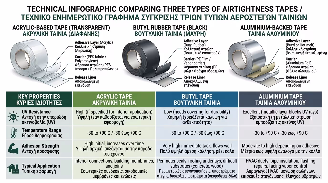 Ειδικές ταινίες αεροστεγανότητας - ακρυλική κόλλα, ελαστικότητα, σφράγιση σωλήνων