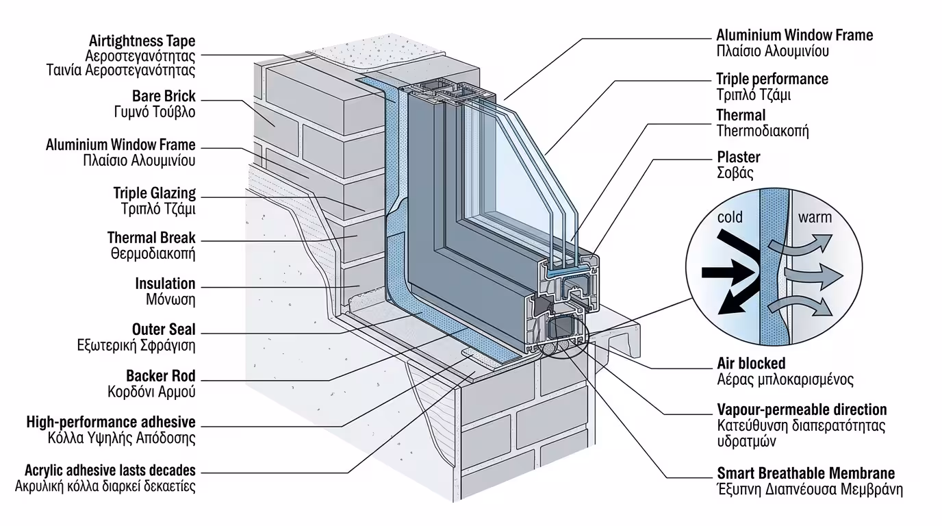 Ταινίες αεροστεγανότητας Passivhaus - κολλημένες πάνω σε κάσα παραθύρου
