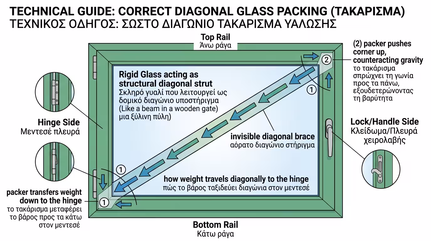 Σωστό τακάρισμα τζαμιού - διαγώνια τοποθέτηση πιξακιών/τακακιών