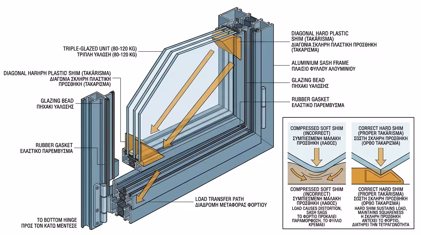 Τακάκια υάλωσης σε κούφωμα αλουμινίου - σωστή διαγώνια τοποθέτηση γύρω από τζάμι