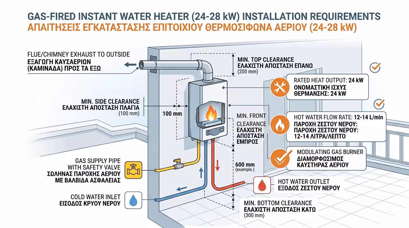 Ταχυθερμοσίφωνας αερίου 24kW - μπαλκόνι, καμινάδα