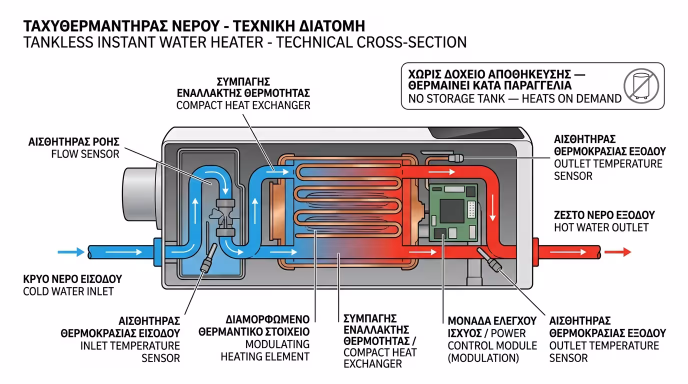 Ταχυθερμοσίφωνας tankless - αρχή λειτουργίας, αισθητήρας ροής