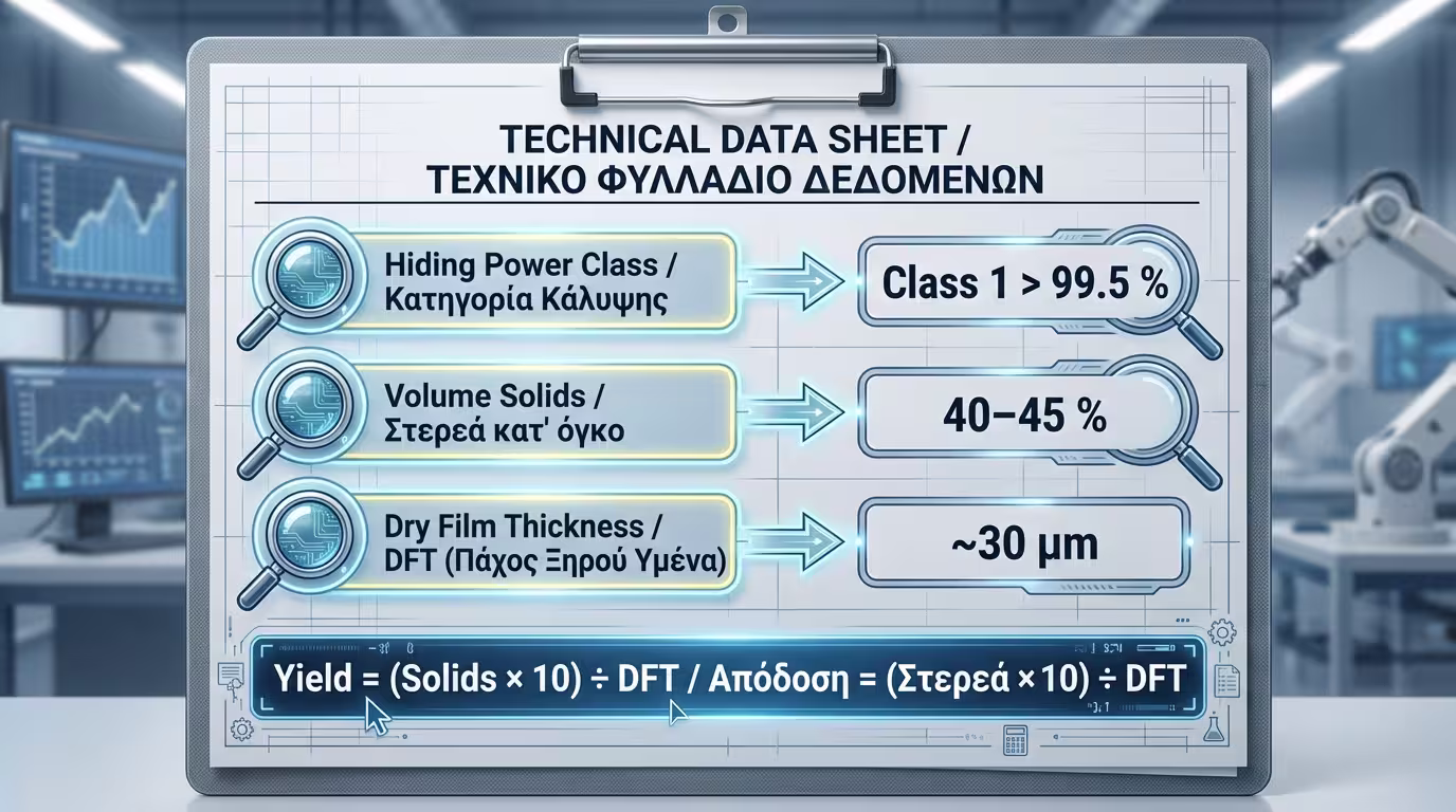 Infographic: Τα 3 κλειδιά στο TDS – Λόγος αντίθεσης (Contrast Ratio), Στερεά κατ' όγκο (Volume Solids), Πάχος ξηρού υμενίου (DFT)