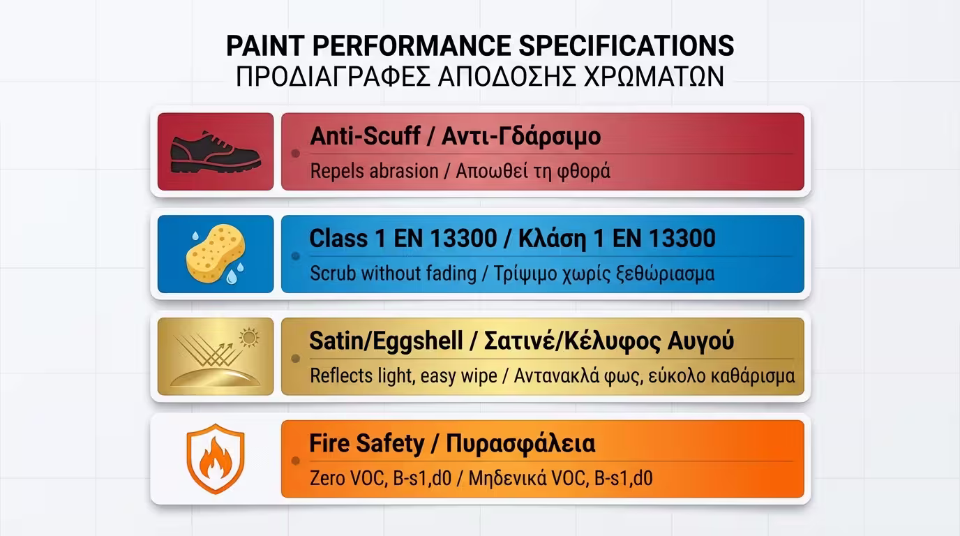 Infographic: 4 τεχνικά χαρακτηριστικά - Anti-Scuff, Class 1, Satin/Eggshell, Πυροπροστασία