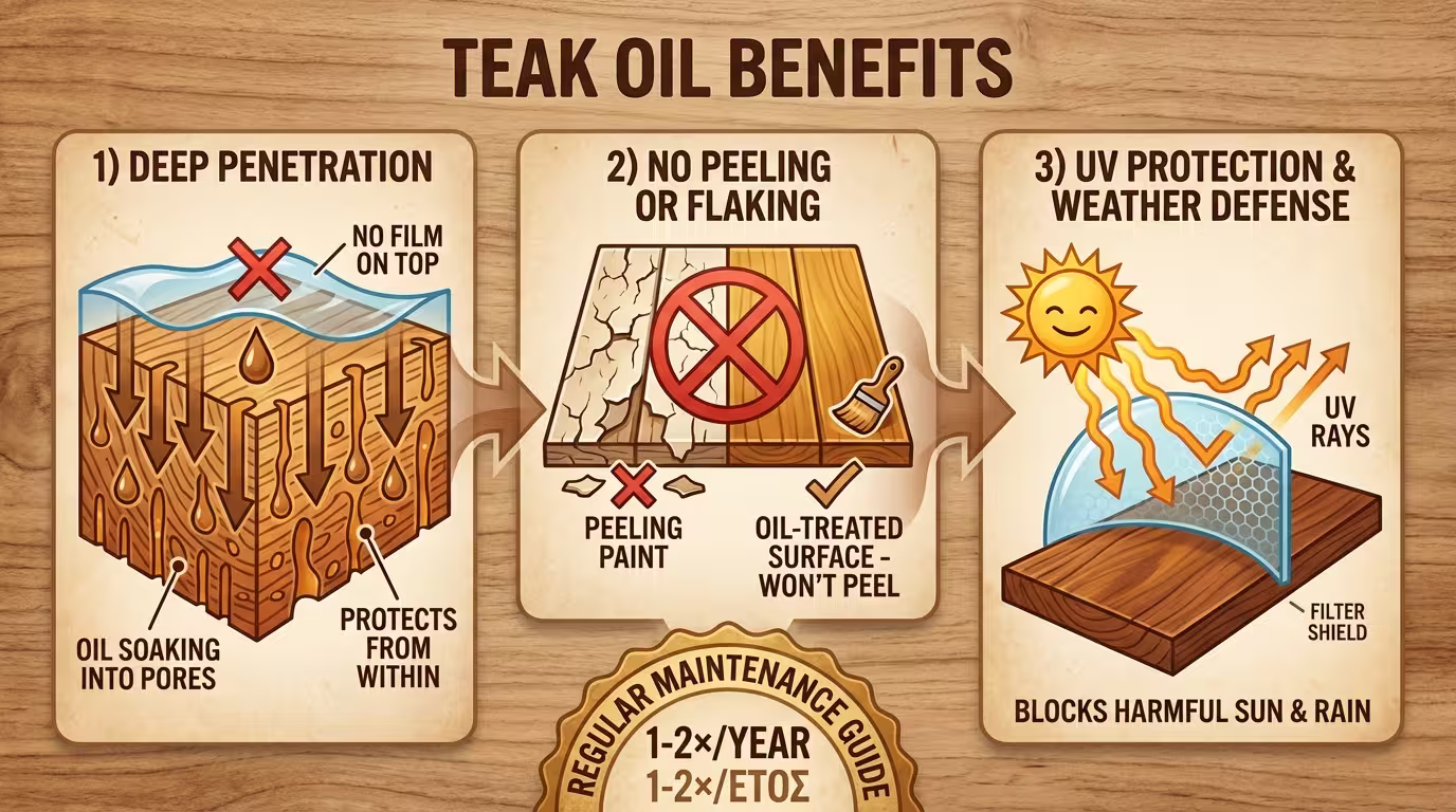 Ινφογκράφικ: λάδι Teak διεισδύει σε πόρους (δεν κάνει κρούστα), δεν ξεφλουδίζει, UV φίλτρα ζωντανεύουν χρώμα. 1-2 φορές/χρόνο (ελληνικά και αγγλικά)