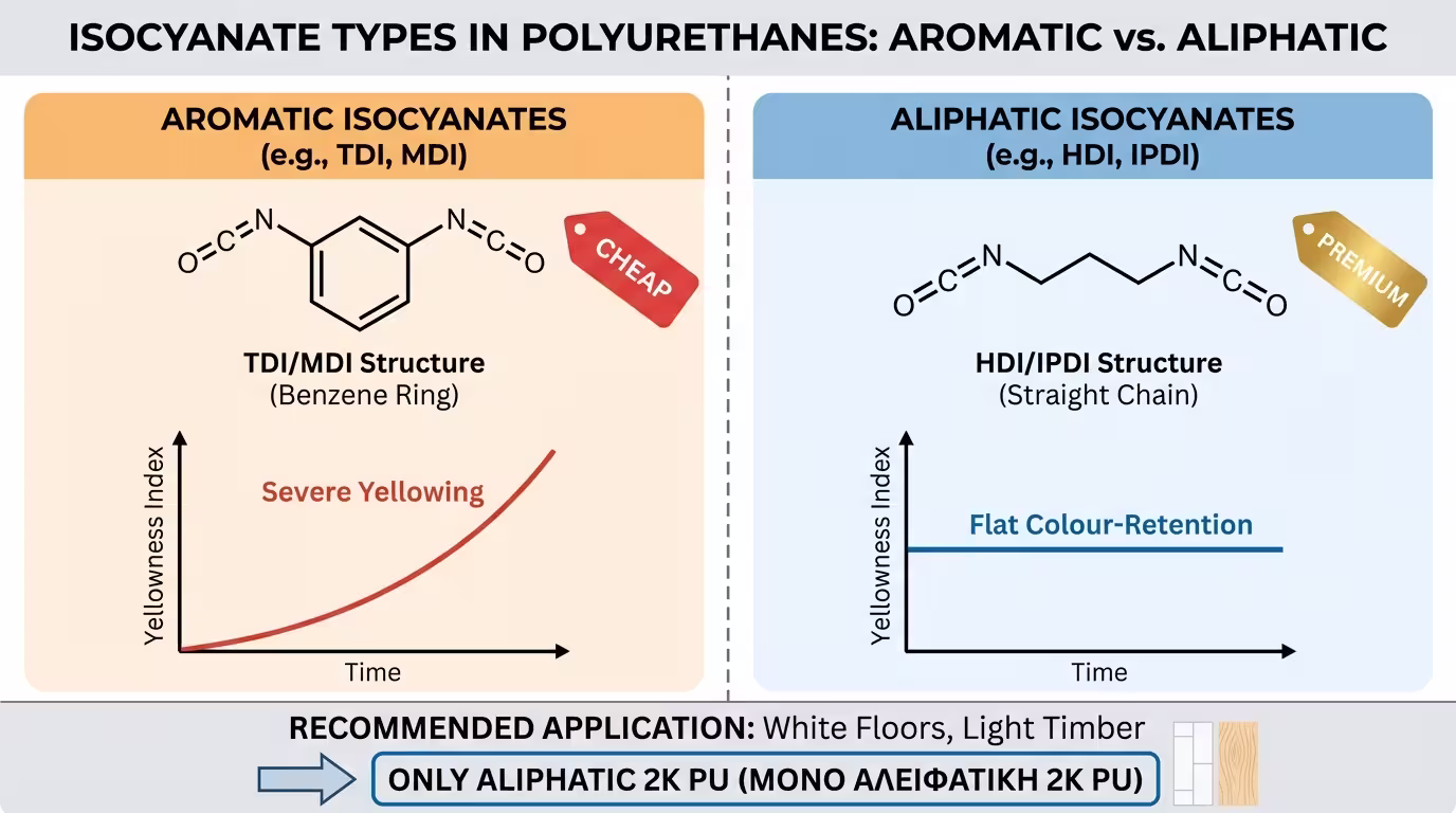 Ινφογκράφικ χημείας: Αρωματικά ισοκυανικά (TDI, MDI) = φθηνά, κιτρινίζουν. Αλειφατικά (HDI, IPDI) = χρωματική σταθερότητα, ΟΧΙ κιτρίνισμα. Για λευκά δάπεδα: αλειφατικό 2K (ελληνικά και αγγλικά)