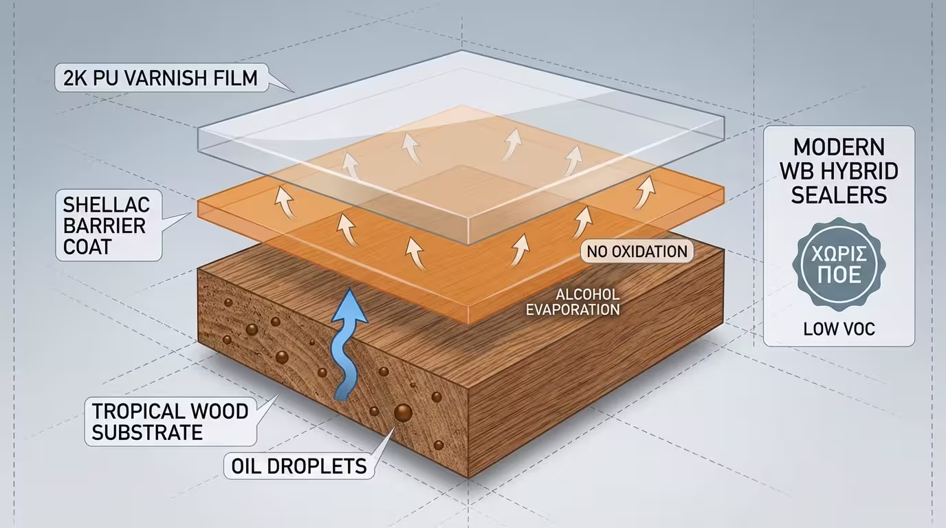 Ινφογκράφικ: Barrier coat γομαλάκα (shellac) → εξάτμιση αλκοόλης (δεν χρειάζεται οξείδωση) → 2K PU βερνίκι. Υβριδικά WB sealers, χαμηλά VOC (ελληνικά και αγγλικά)