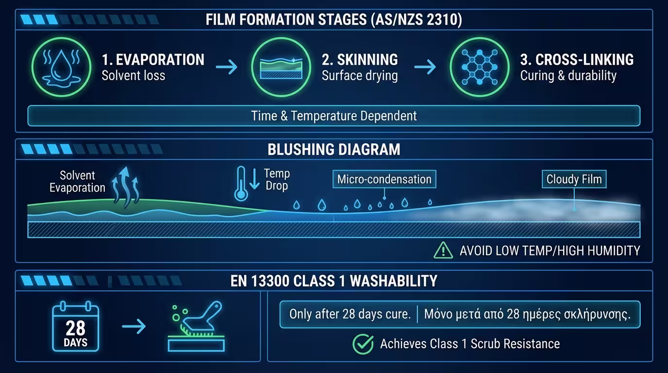 Ινφογκράφικ: Film Formation (AS/NZS 2310), Blushing (micro-condensation σε διαλύτου), EN 13300 Class 1 πλυστικότητα μόνο μετά 28 ημέρες (ελληνικά και αγγλικά)