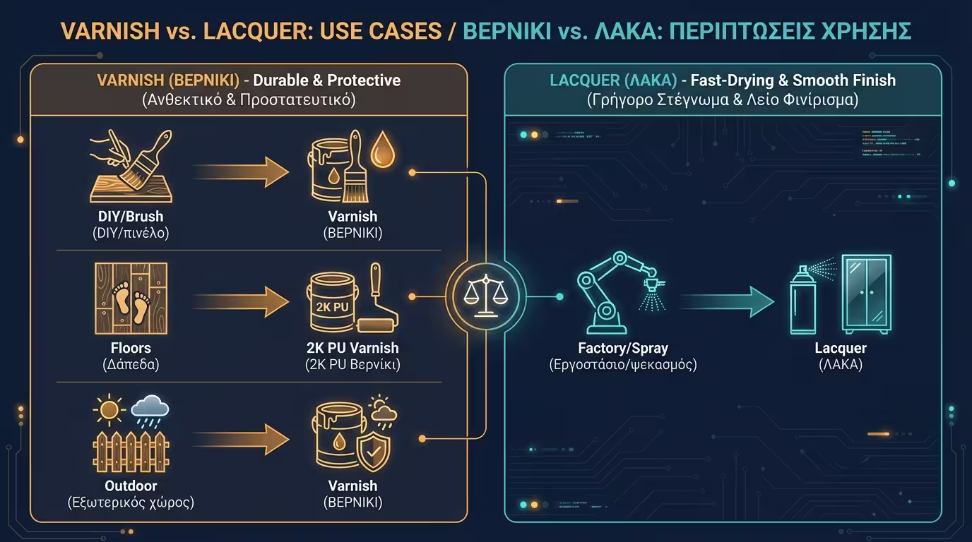 Ινφογκράφικ χρήσεων βερνικιού vs λούστρου: DIY, εργοστάσιο, δάπεδα, εστιατόρια (ελληνικά και αγγλικά)