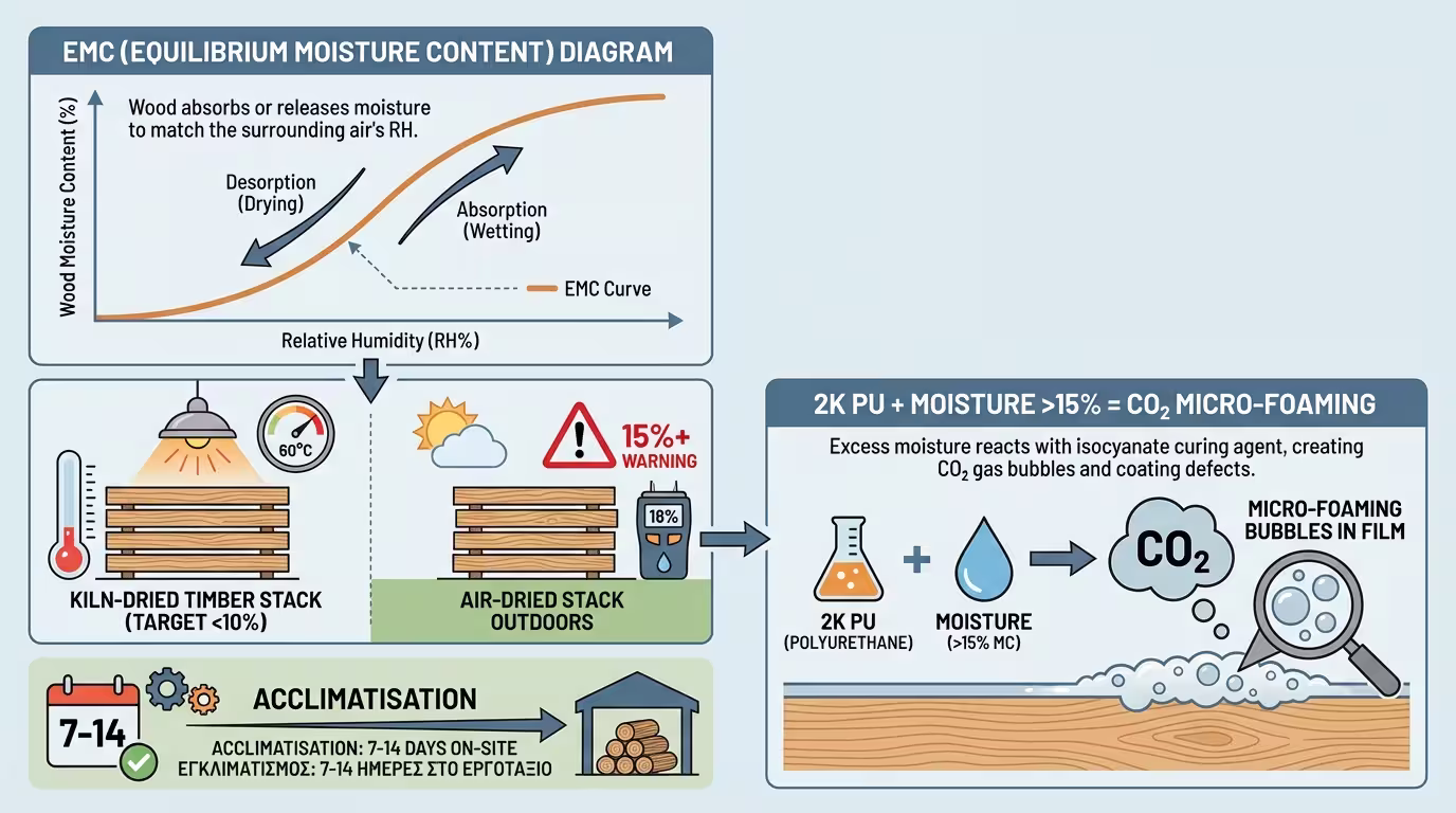 Ινφογκράφικ: Ακλιματισμός 7-14 ημέρες. Υγρασία >15% + 2K PU = CO₂ micro-foaming (φυσαλίδες). Kiln-dried vs Air-dried (ελληνικά και αγγλικά)