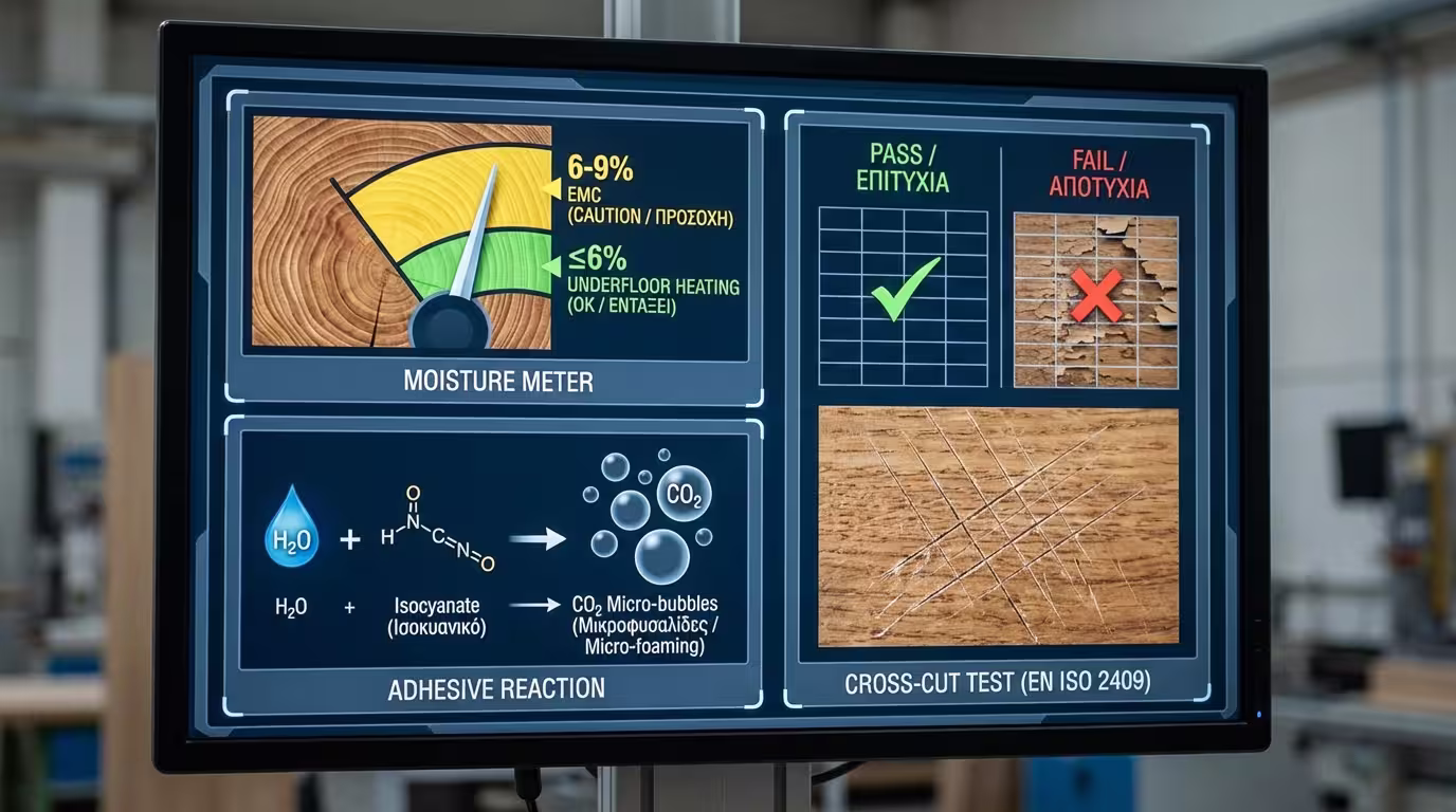 Ινφογκράφικ: EMC 6-9% (ενδοδαπέδια ≤6%), micro-foaming σε 2K PU λόγω υγρασίας → CO₂, EN ISO 2409 cross-cut test (ελληνικά και αγγλικά)