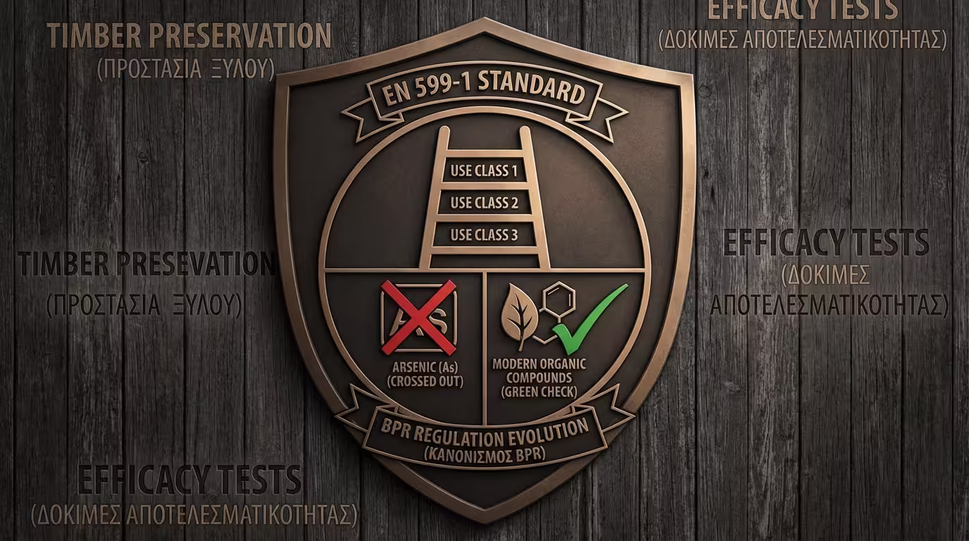 Ινφογκράφικ: EN 599-1, Use Classes (1-3), BPR κανονισμός βιοκτόνων, σύγχρονα vs παλαιά συστατικά (ελληνικά και αγγλικά)