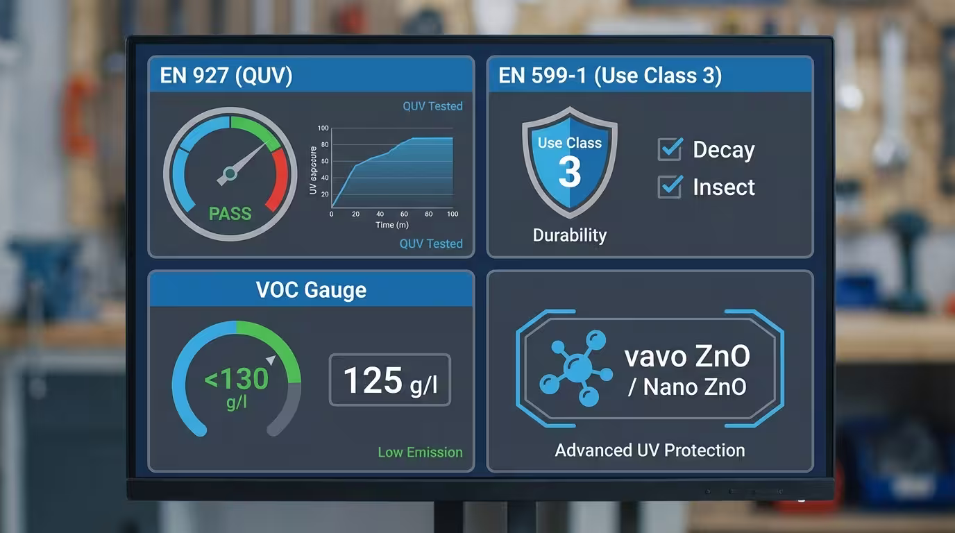 Ινφογκράφικ: EN 927 (γήρανση QUV), EN 599-1 (Use Class 3), VOC 2004/42/ΕΚ, νανοτεχνολογία ZnO (ελληνικά και αγγλικά)