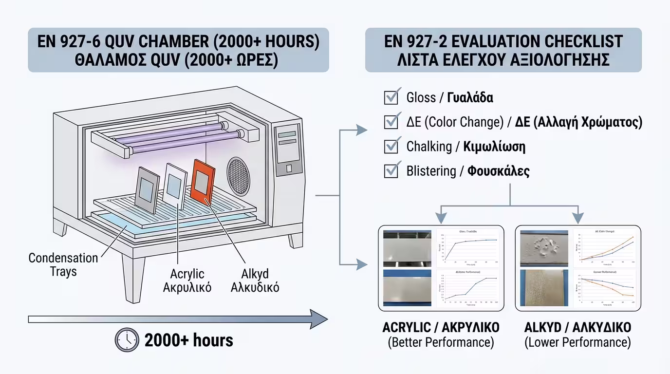 Ινφογκράφικ: EN 927-6 QUV θάλαμοι, EN 927-2 αξιολόγηση, ακρυλικά vs αλκυδικά (ελληνικά και αγγλικά)