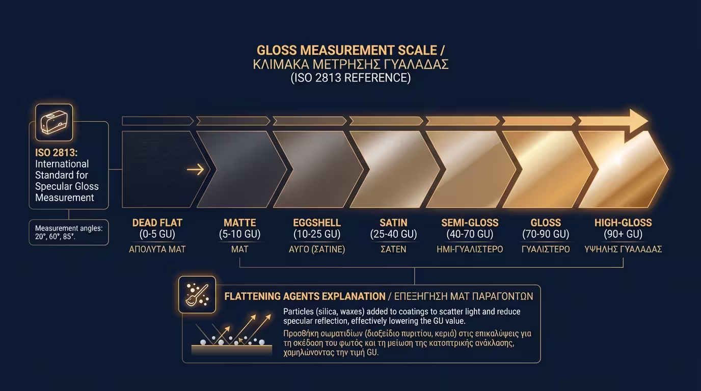 Ινφογκράφικ τεχνικών προδιαγραφών γυαλάδας: Gloss Units (GU), ISO 2813, flattening agents (ελληνικά και αγγλικά)