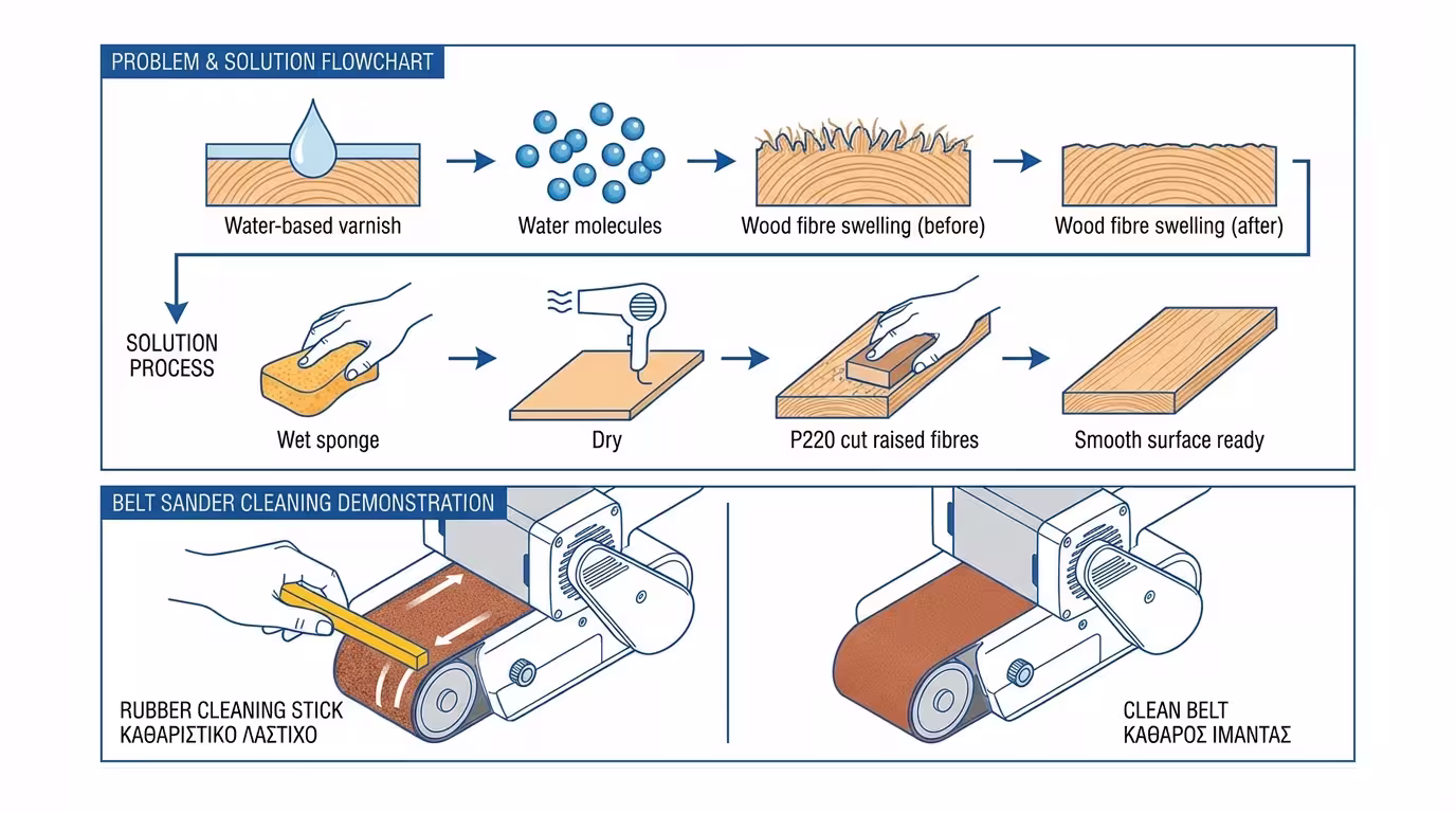 Ινφογκράφικ: grain raising τεχνική (νερό → φούσκωμα ινών → P220 κοπή → βερνίκι νερού χωρίς τραχύτητα). Rubber cleaning stick για belt sanders (ελληνικά και αγγλικά)