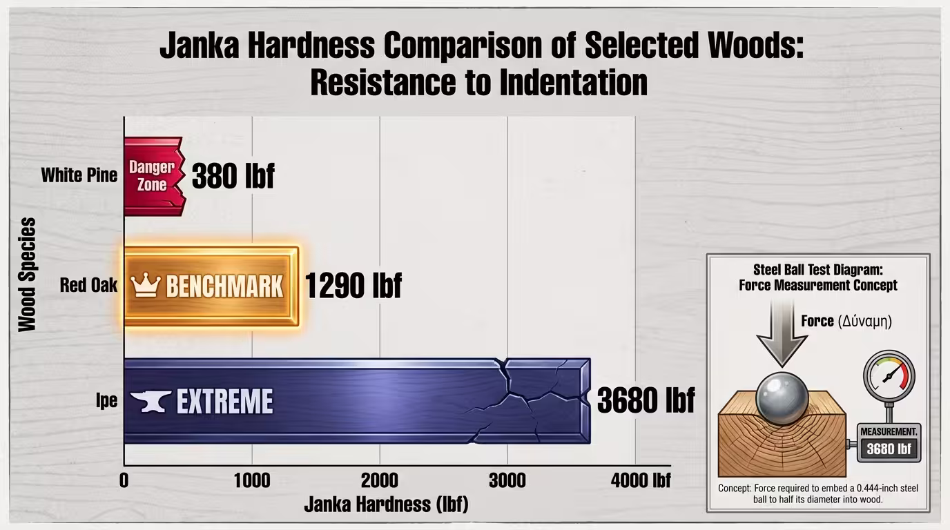 Ινφογκράφικ Janka: Λευκό Πεύκο 380 lbf (βαθουλώνει εύκολα), Κόκκινη Δρυς 1290 lbf (μέτρο σύγκρισης), Tροπικό Ipe 3680 lbf (ατσαλένιο) (ελληνικά και αγγλικά)