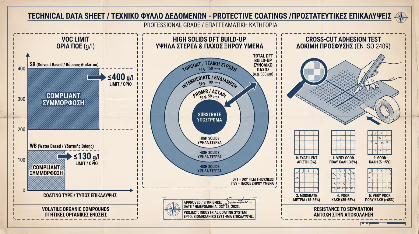 Ινφογκράφικ τεχνικών προδιαγραφών: VOC limits (130/400 g/l), High Solids τεχνολογία, πρόσφυση cross-cut EN ISO 2409 (ελληνικά και αγγλικά)