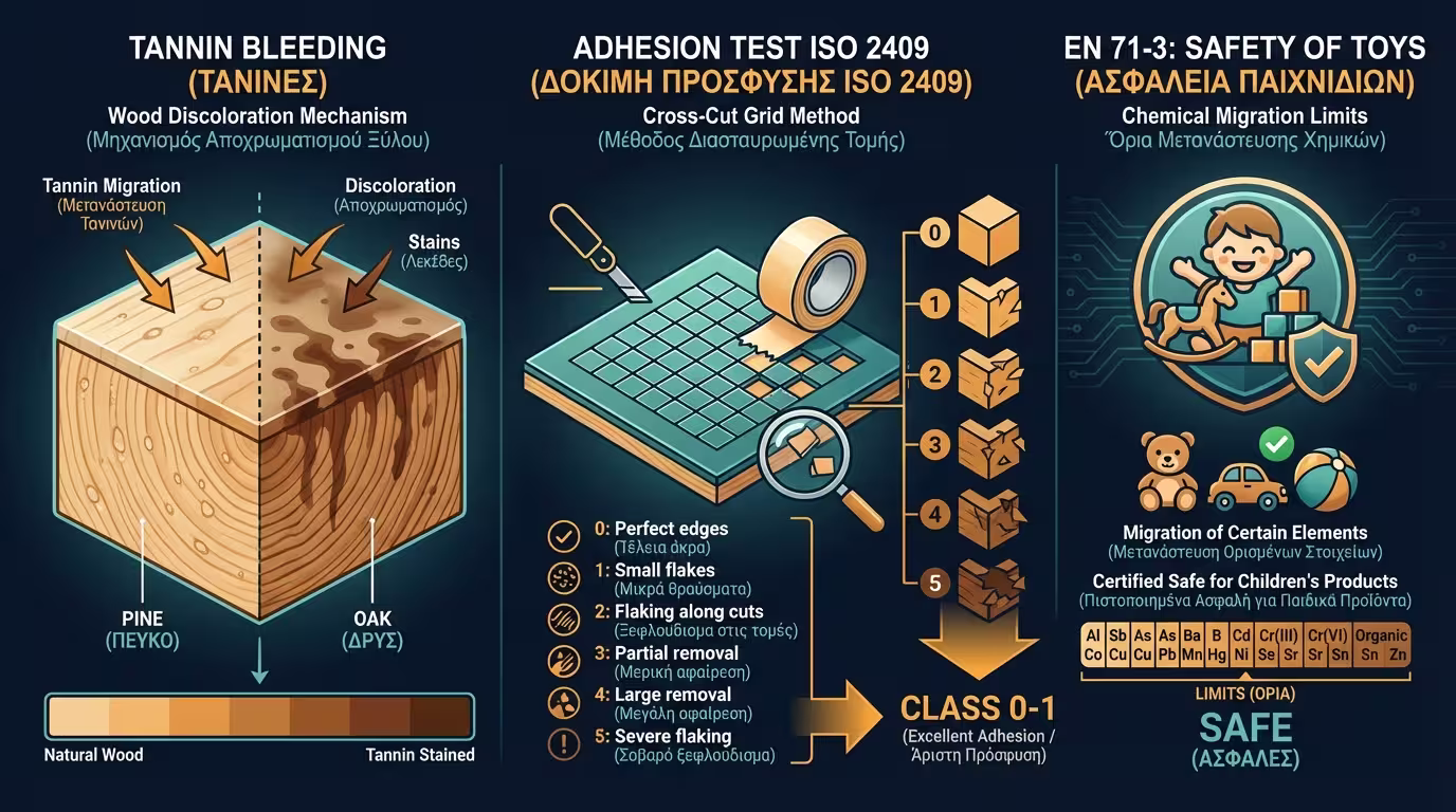 Ινφογκράφικ τεχνικών θεμάτων: tannin bleeding, ISO 2409, EN 71-3 (ελληνικά και αγγλικά)