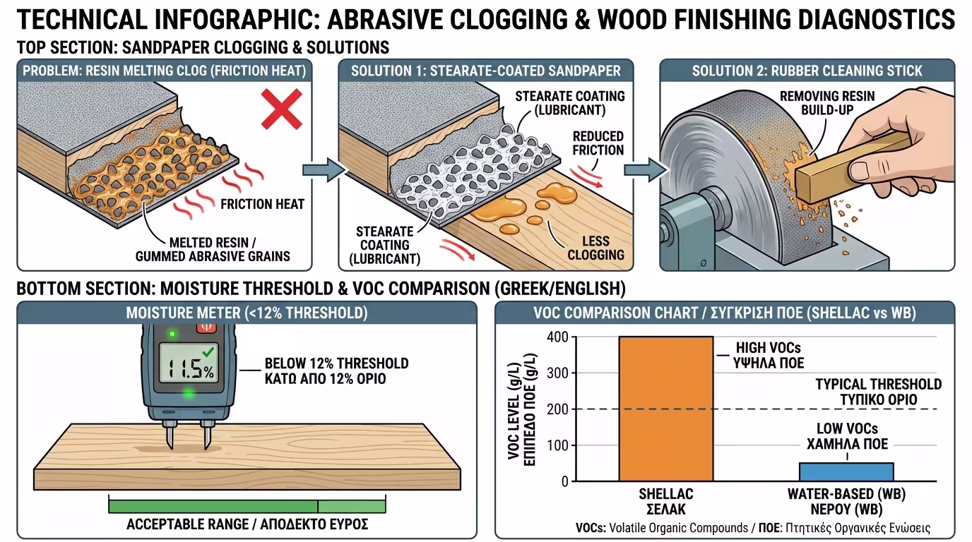 Ινφογκράφικ: Stearate γυαλόχαρτο vs clogging. Rubber cleaning stick. Υγρασία <12%. VOC: shellac υψηλά vs ακρυλικά νερού Indoor Air Comfort Gold (ελληνικά και αγγλικά)