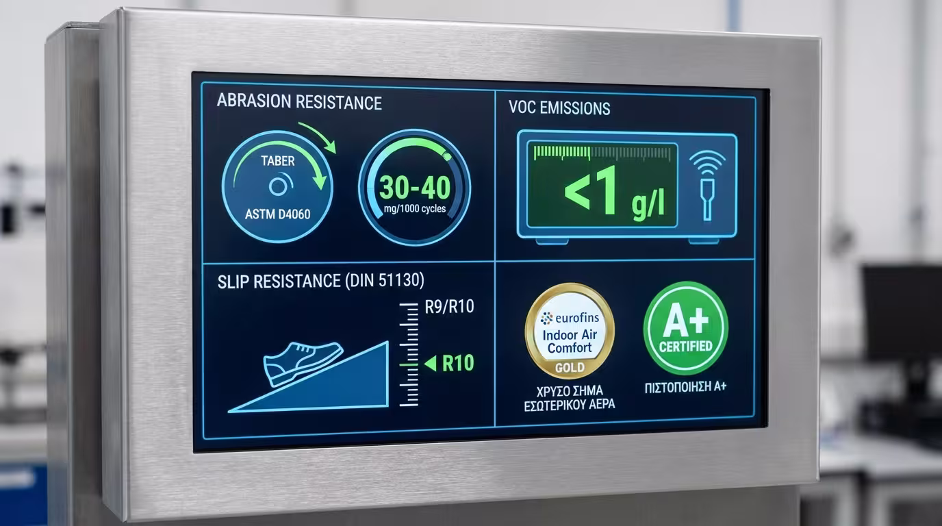 Ινφογκράφικ: Taber Abrasion ASTM D4060 (30-40mg/1000 κύκλους), DIN 51130 R9/R10, Indoor Air Comfort GOLD (<1 g/l VOC) (ελληνικά και αγγλικά)
