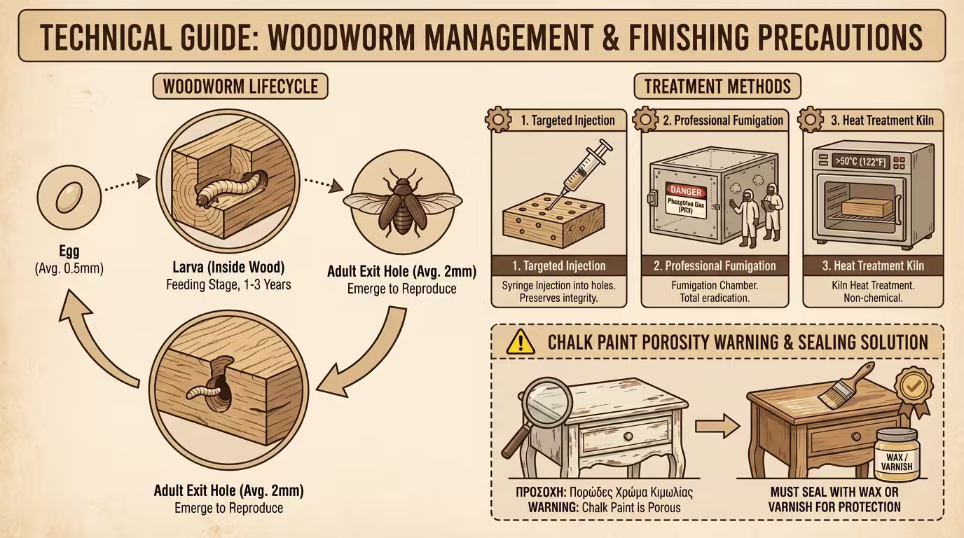 Ινφογκράφικ: καταπολέμηση σαρακιού (σύριγγα, υποκαπνισμός, θερμικός θάλαμος >50°C). Chalk Paint δεν αντέχει χωρίς σφράγισμα - κερί ή βερνίκι υποχρεωτικό (ελληνικά και αγγλικά)