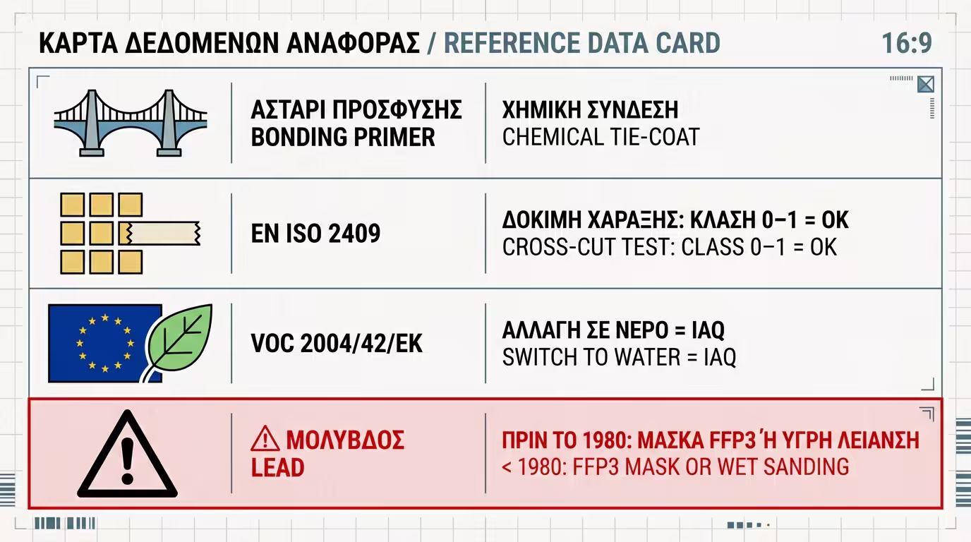 Infographic: EN ISO 2409, Bonding Primer χημεία, VOC 2004/42/EK, κίνδυνος μολύβδου
