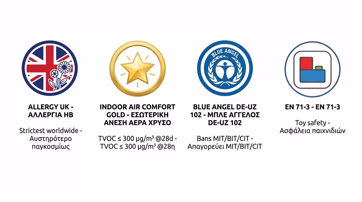 Infographic: Allergy UK, Indoor Air Comfort Gold, Blue Angel, EN 71-3