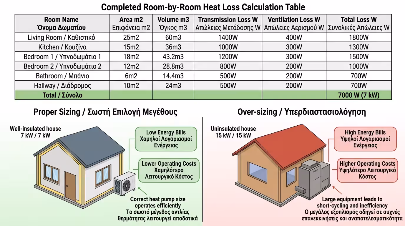 Πίνακας τελικών αποτελεσμάτων θερμικών απωλειών ανά δωμάτιο - 6,2 kW vs 15 kW εμπειρικά