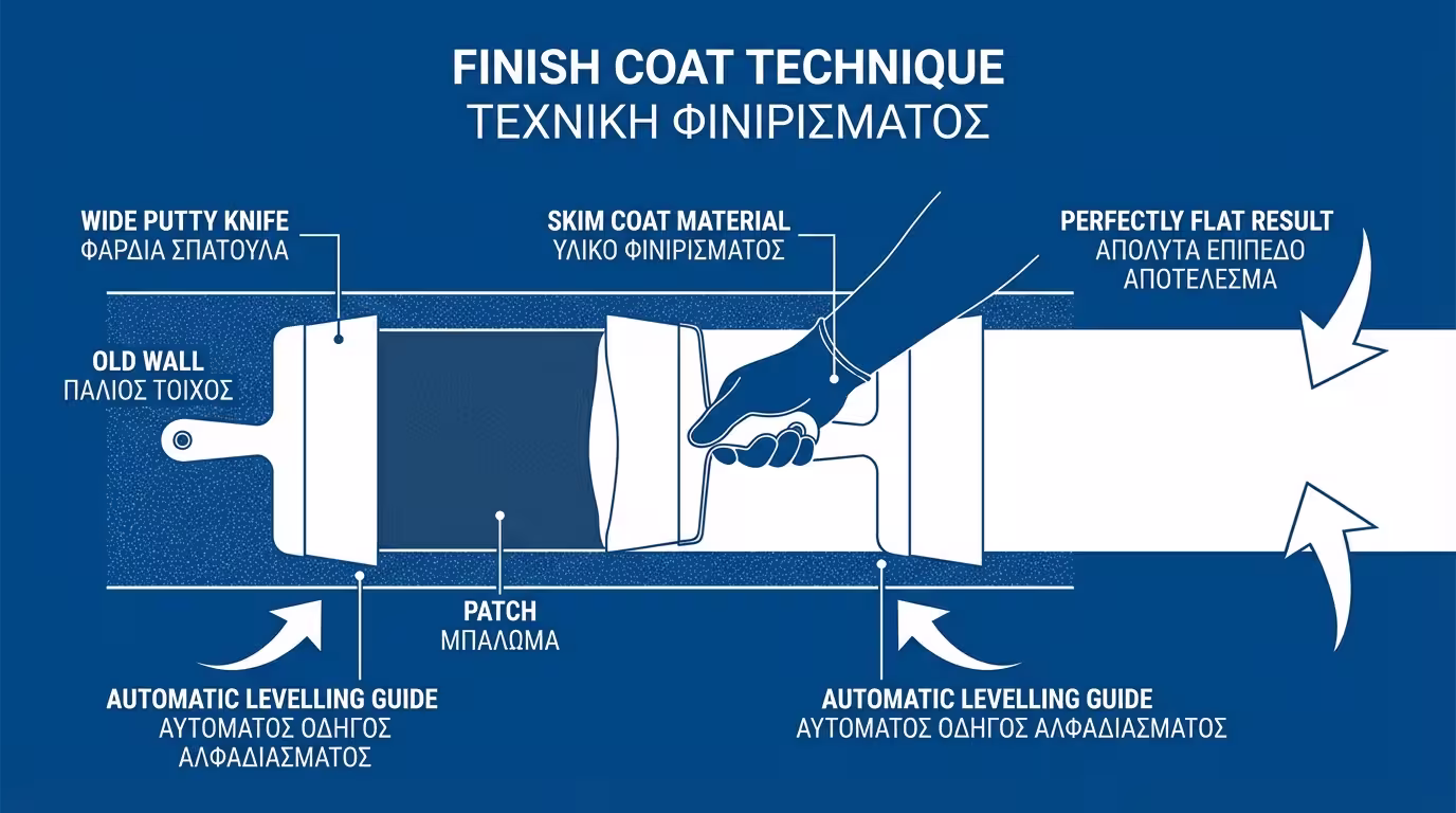 Φαρδιά σπάτουλα ακουμπά σε παλιό τοίχο δεξιά-αριστερά ως οδηγός αλφαδιάσματος