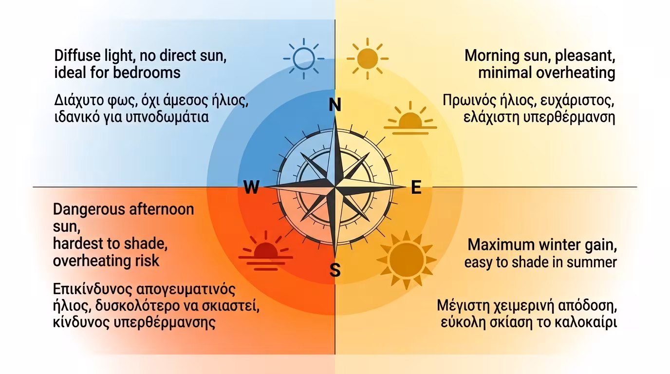 Τέσσερις προσανατολισμοί κτιρίου - Νότος σαλόνι, Βορράς βοηθητικοί, Ανατολή υπνοδωμάτια, Δύση φούρνος