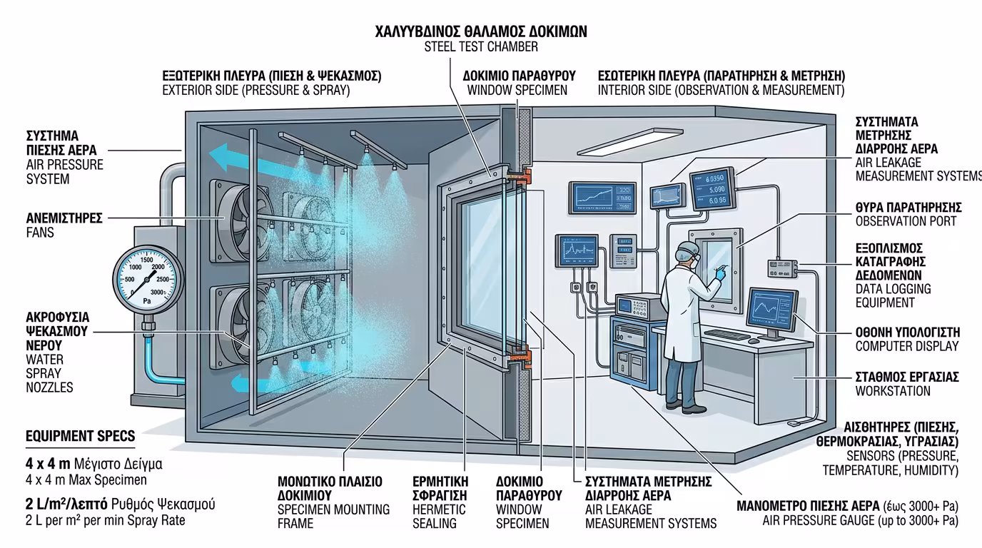Εργαστηριακός θάλαμος δοκιμών κουφωμάτων - εξωτερική και εσωτερική πλευρά