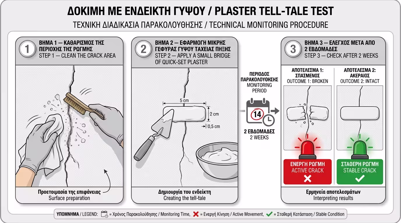Τεστ γυψοσήματος σε ρωγμή: καθαρισμός, τοποθέτηση 'γέφυρας' γύψου, έλεγχος μετά 2 εβδομάδες