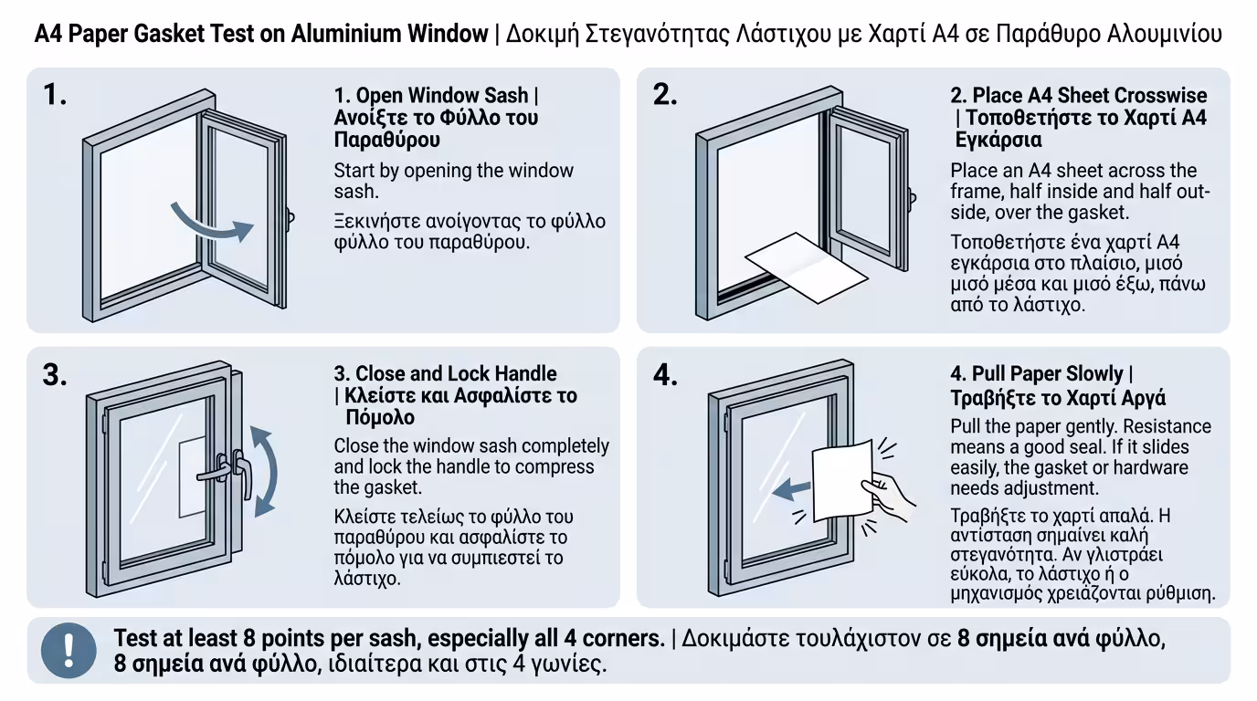 Τεστ κόλλας Α4 - τοποθέτηση φύλλου χαρτιού ανάμεσα σε λάστιχο και κάσα κουφώματος, βήμα-βήμα