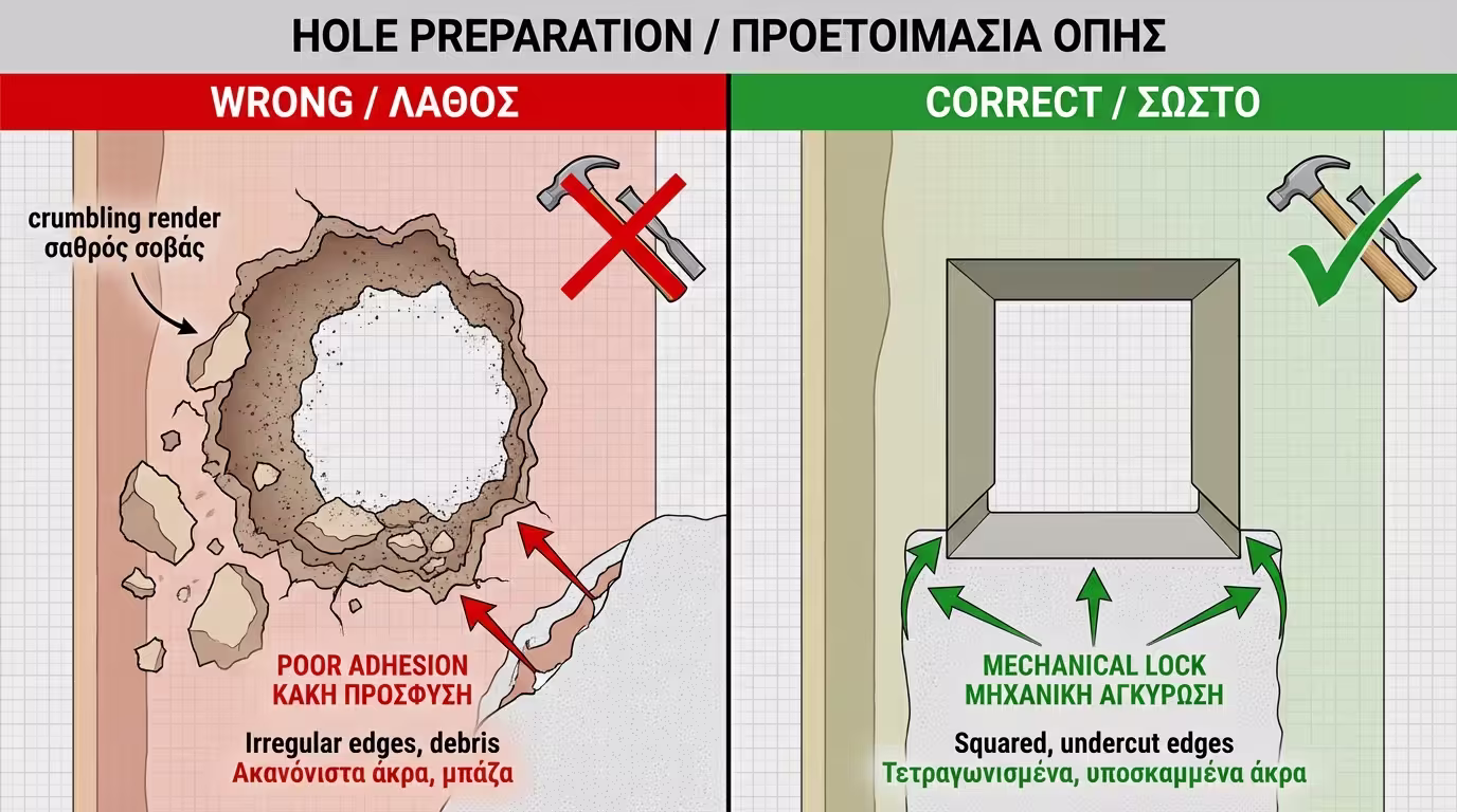 Τετραγωνισμός τρύπας: καλέμι κόβει ακμές σε γωνία 90° με ελαφριά κλίση