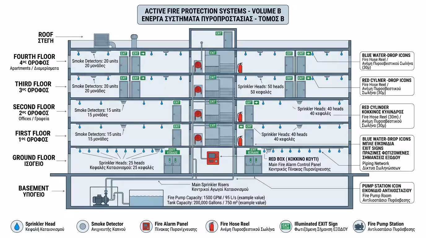 Τεύχος Β: Ενεργητική Πυροπροστασία - πυροσβεστήρες, πυρανίχνευση, sprinklers