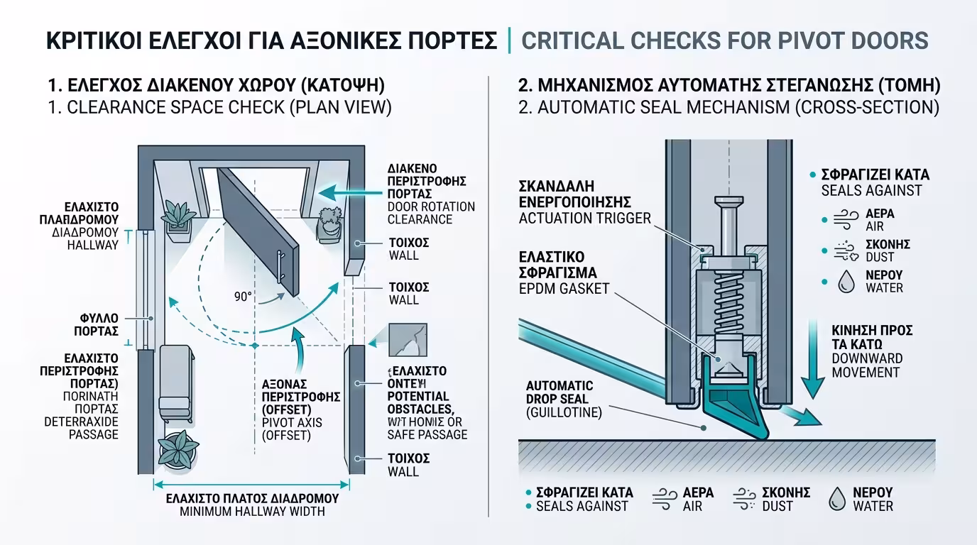 Τεχνικός έλεγχος pivot πόρτας - χωροταξία, αυτόματος ανεμοφράκτης, στεγάνωση