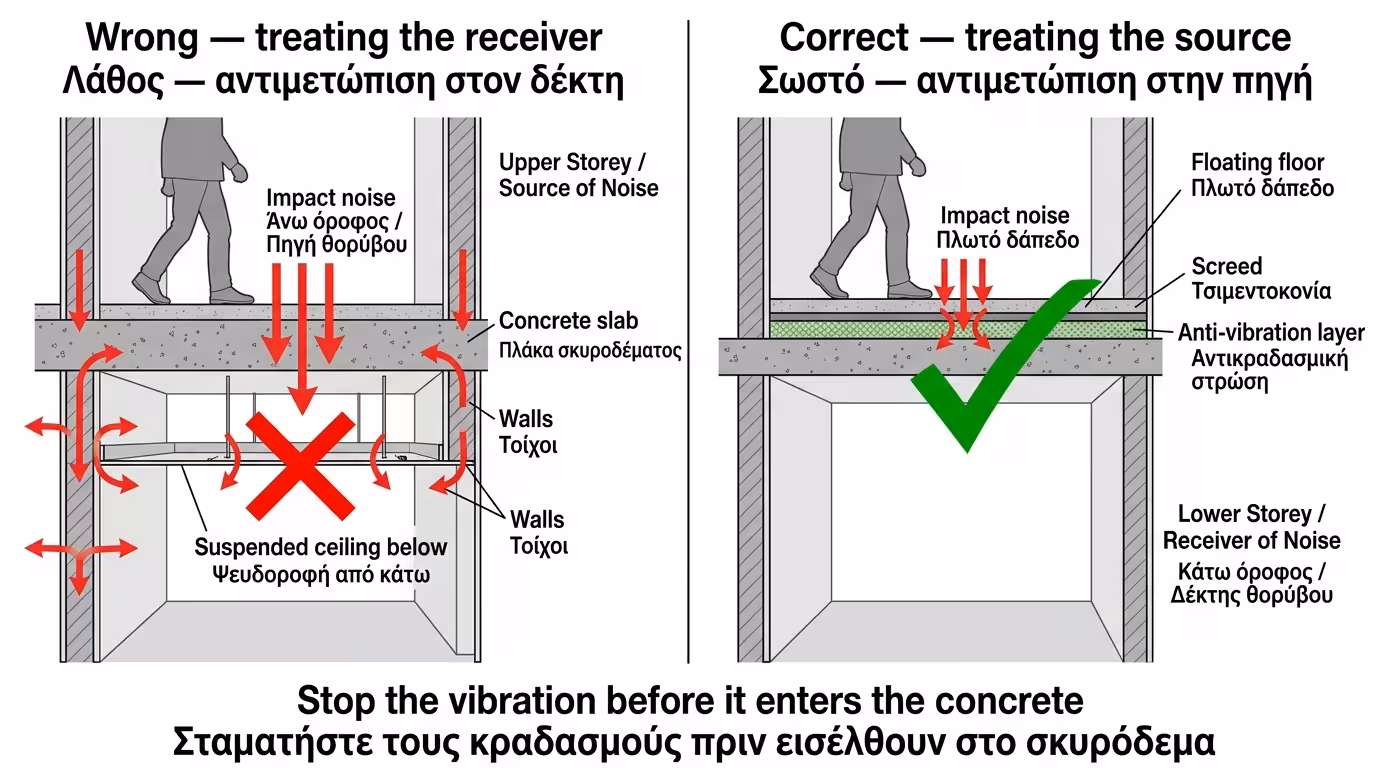 Η λύση: πλωτό δάπεδο στον πάνω όροφο σταματάει την κρούση πριν μπει στο μπετόν
