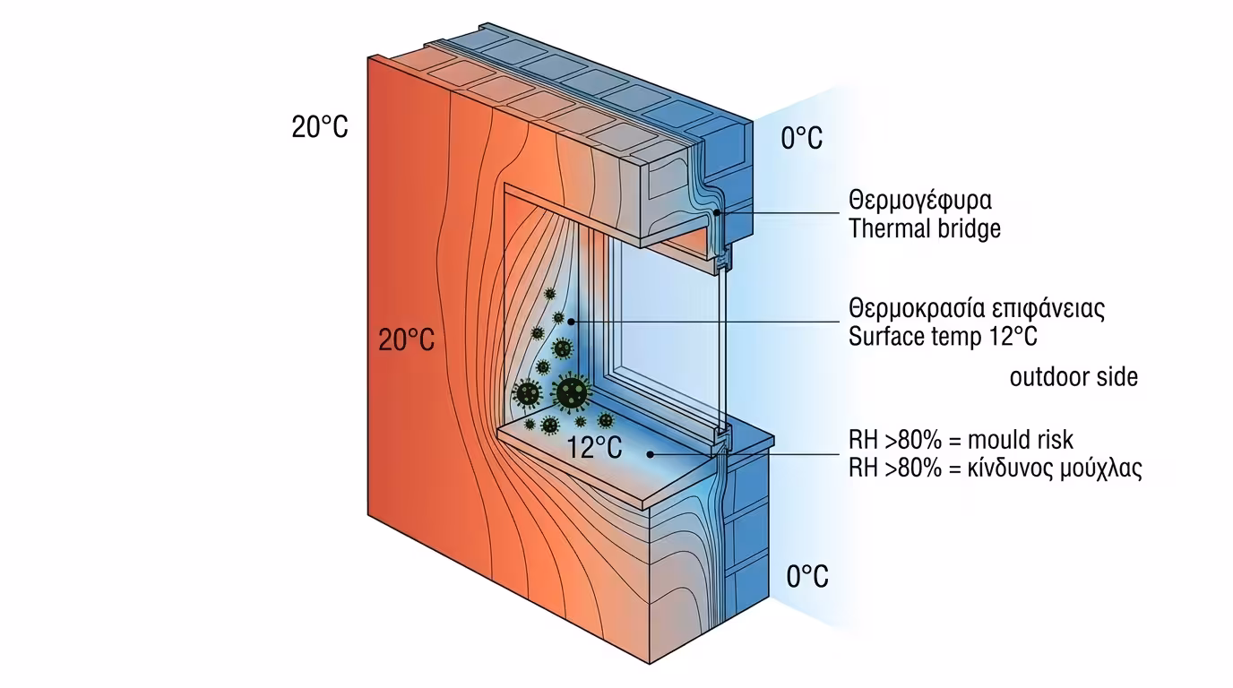 Θερμογέφυρα στη ζώνη κάσας - ψυχρό σημείο που ευνοεί ανάπτυξη μούχλας