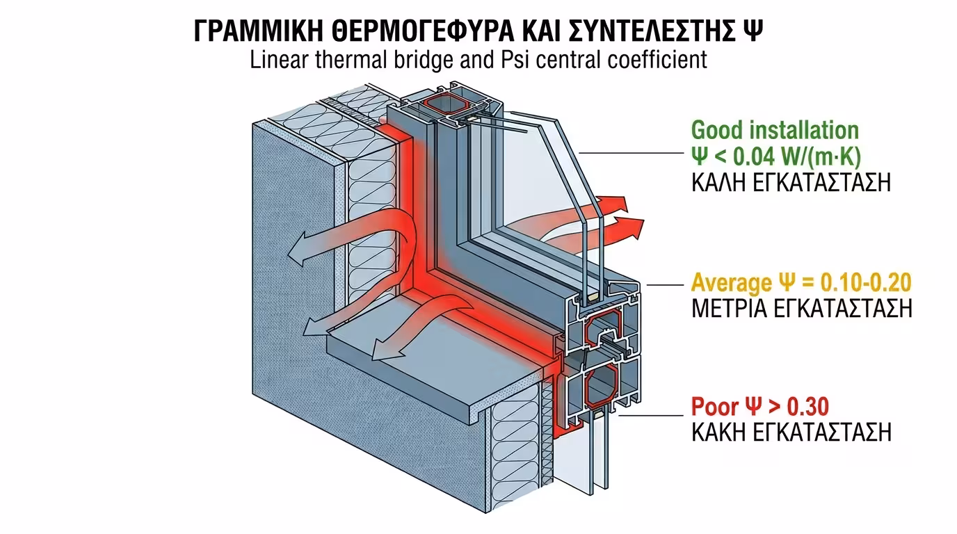 Τομή γραμμικής θερμογέφυρας - ένωση κουφώματος με τοίχο