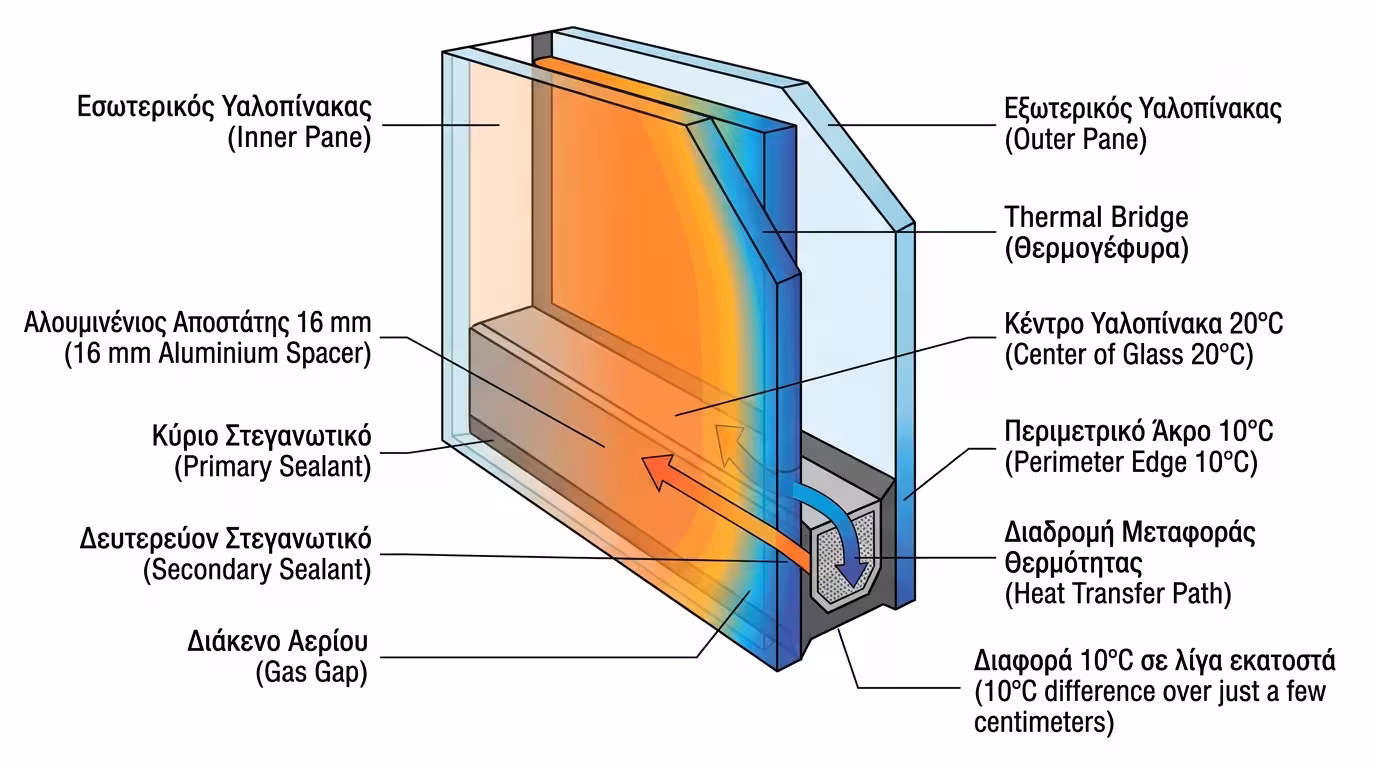 Τομή διπλού τζαμιού - αποστάτης αλουμινίου δημιουργεί θερμογέφυρα στην περίμετρο