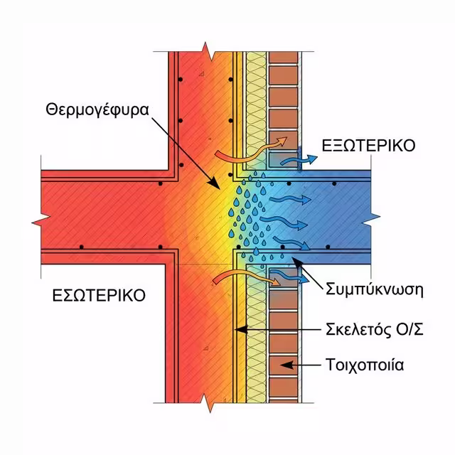 Θερμογέφυρα σε κτίριο: σημείο συμπύκνωσης υδρατμών όπου η βαφή χαμηλού Sd επιτρέπει στέγνωμα