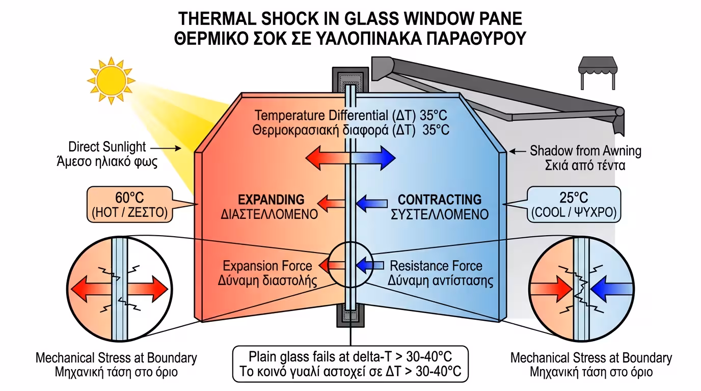 Ανομοιόμορφη θέρμανση τζαμιού - ηλιόλουστο και σκιερό τμήμα δημιουργεί τάσεις