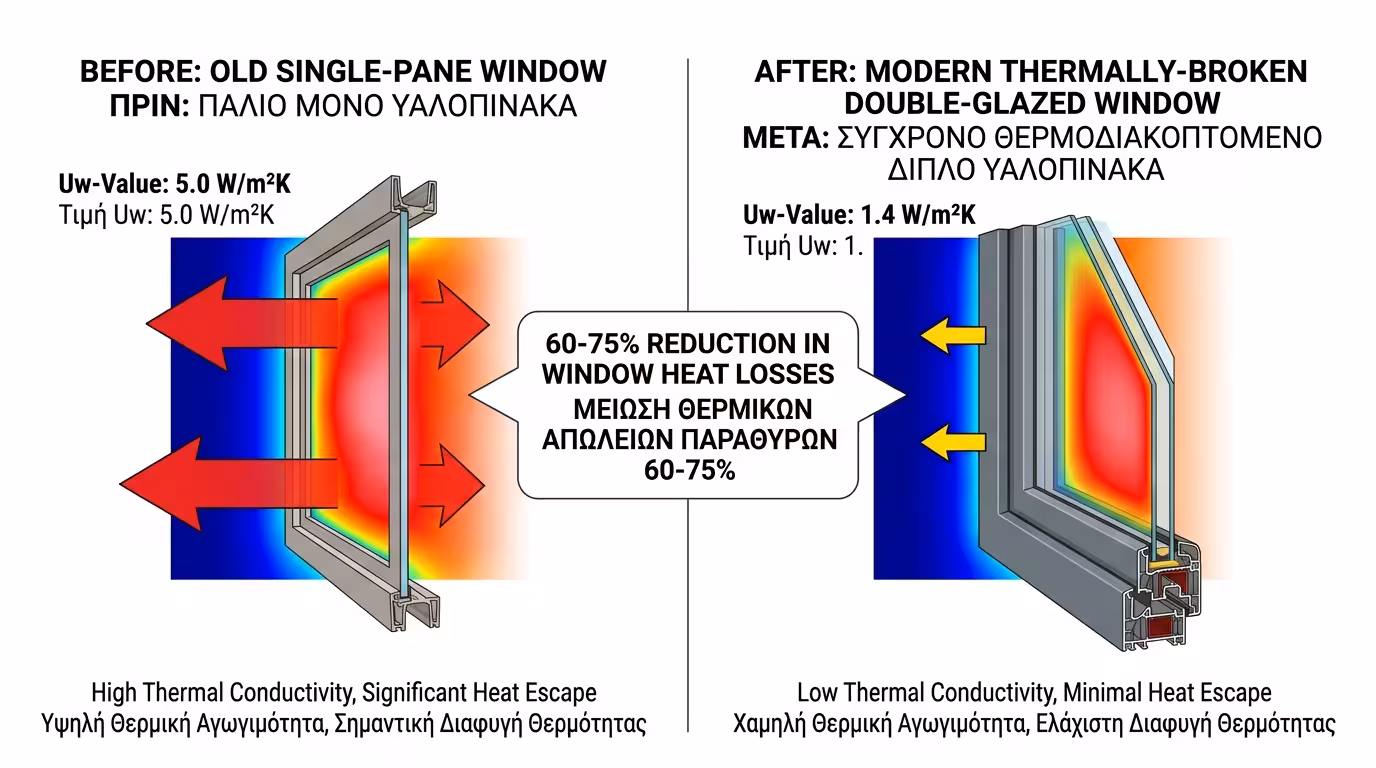 Θερμικές απώλειες κτιρίου - ποσοστιαία κατανομή μέσω κουφωμάτων, τοίχων, οροφής