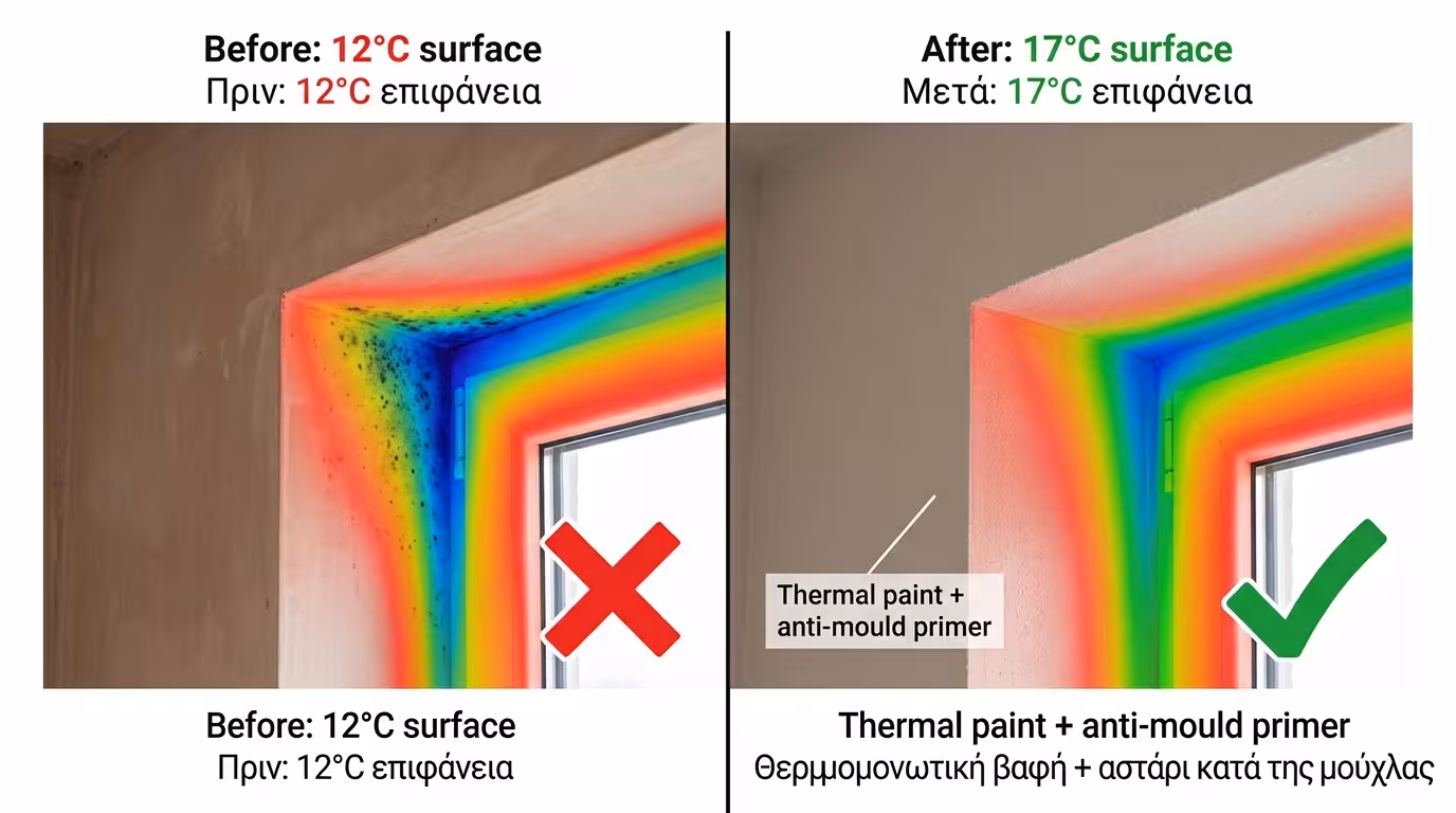 Εφαρμογή θερμομονωτικού χρώματος με μικροσφαιρίδια γυαλιού γύρω από κάσα