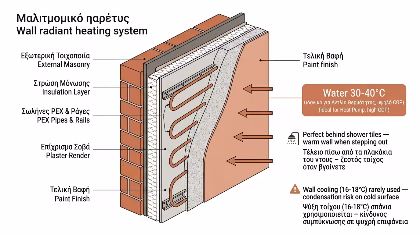 Θέρμανση τοίχου: σωλήνες PEX σε μαίανδρο πάνω σε ράγες, καλυμμένοι με σοβά