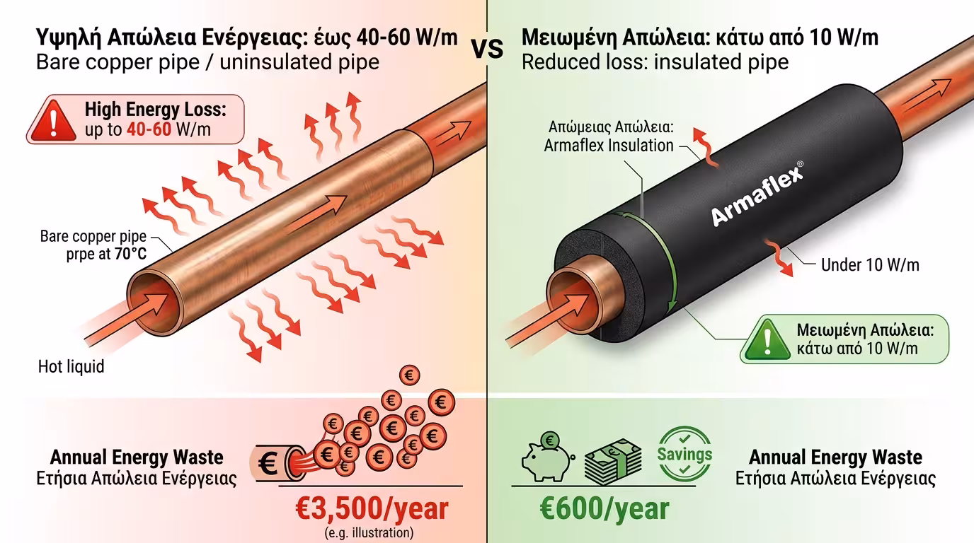 Θερμικές απώλειες σε γυμνό σωλήνα θέρμανσης - πτώση θερμοκρασίας από 60°C σε 52°C